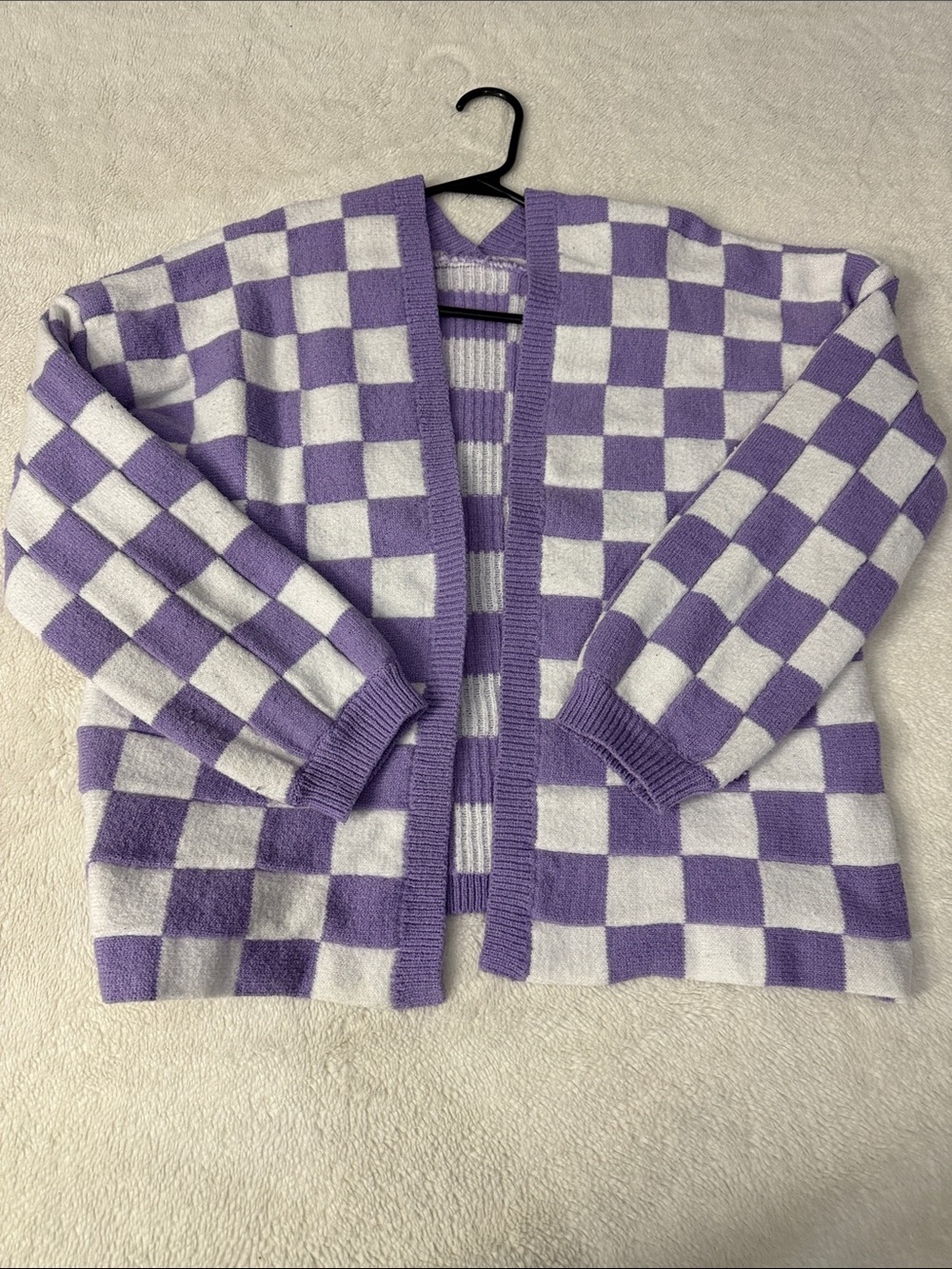 Lavender & White Checker Knit Cardigan Sweater